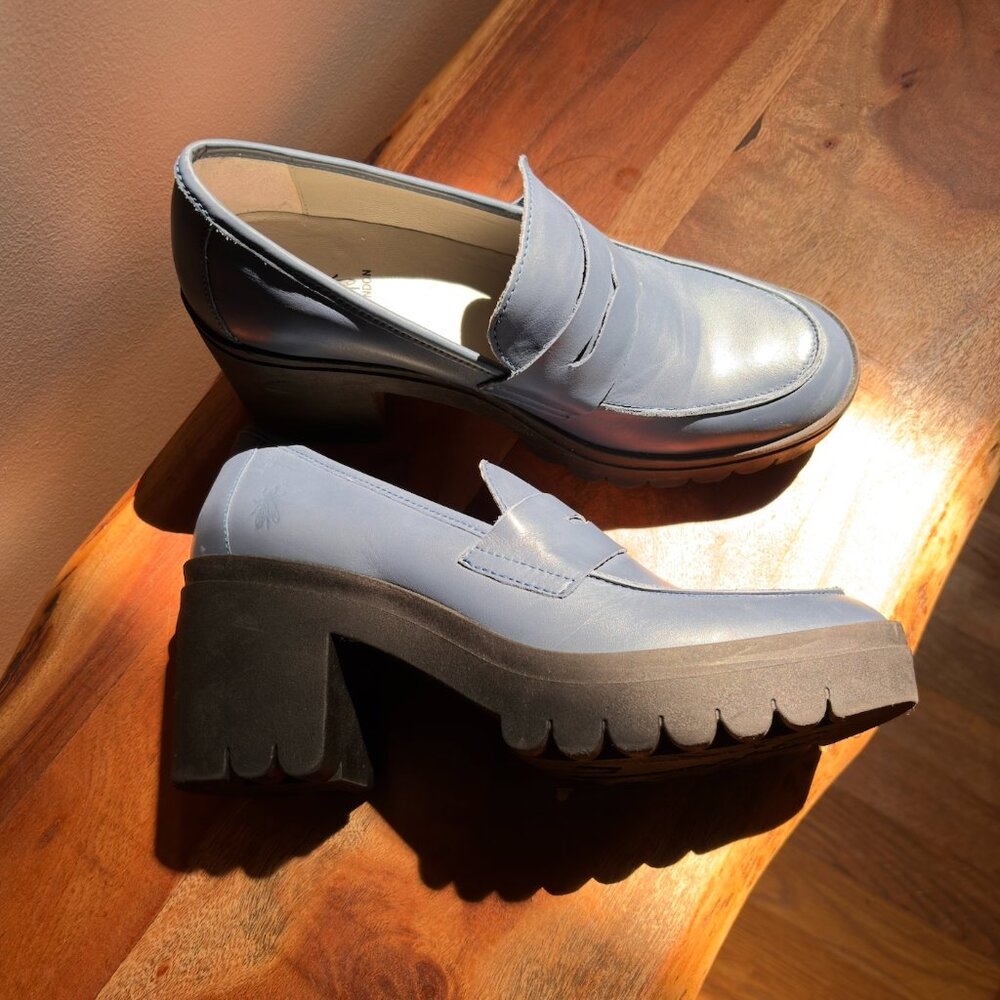Fly London Toky Platform Penny Loafer Blue Size 10